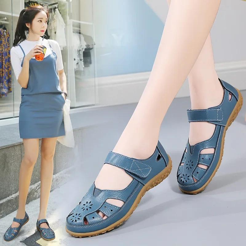 Summer Hollow Sandals Women's New Fashionable Leather Flat Shoes, Soft Sole Anti Slip Casual Oversized Sports Sandals