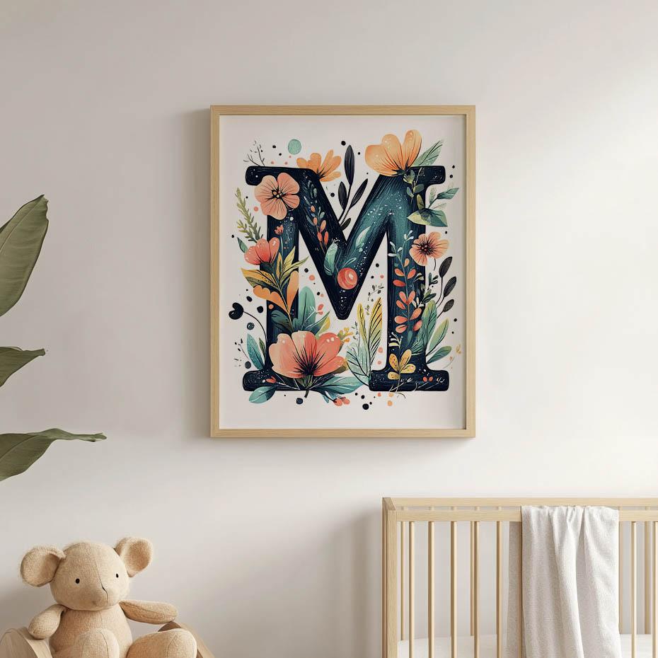 Plakat Z Literą M W Kwiaty I Liście Plakat Z Literą M W Kwiaty I Liście, 30X40 Cm, Bez Ramy, Płótno Premium Na Blejtramie