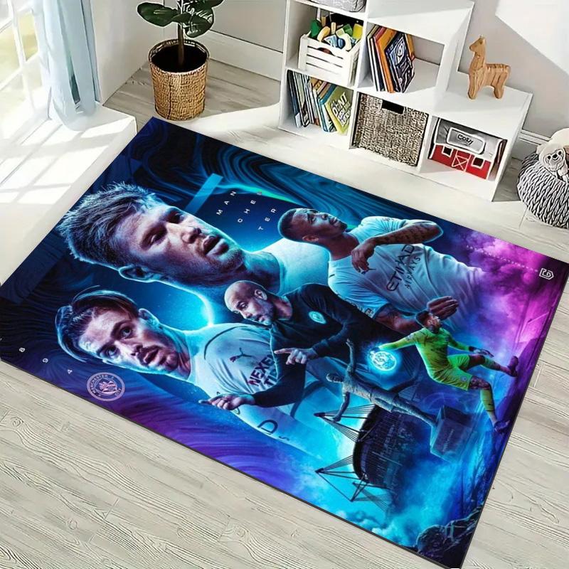 Man City Football Team Players Collage Print Area Rug Non‑Slip Rectangular Floor Mat Soccer Fan Gaming Room Home Decor