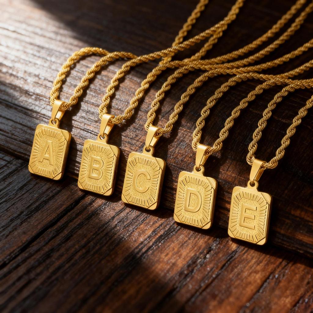 18K Gold Stainless Steel 26 Letter Pendant Necklace with Twisted Chain - Hip Hop Style