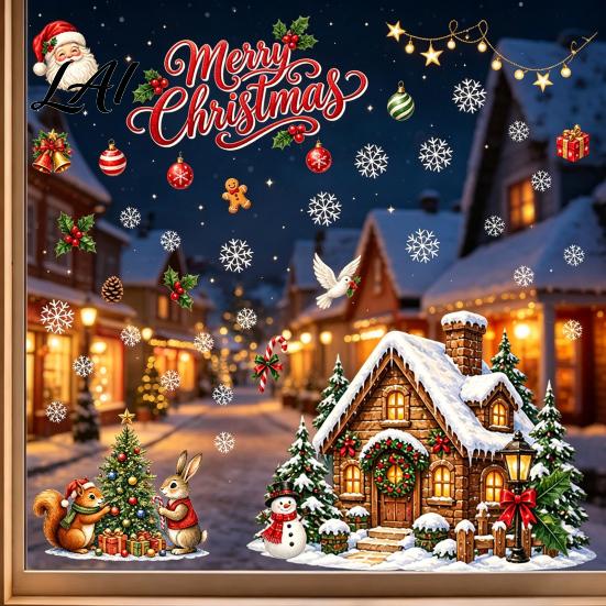 Creative Christmas Window Gifts Clings Snowy Tree Squirrel Xmas Village House Rabbit Seasonal Glass Surface Stickers Sticker Double-Sided