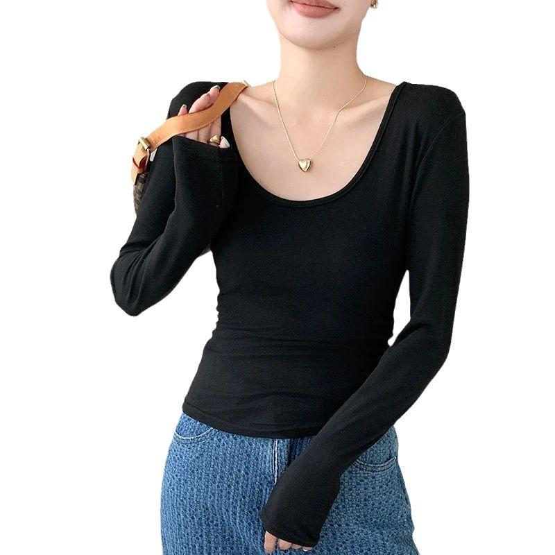 

Бархатная базовая футболка с U-образным вырезом для женщин на осень и зиму. Внутренняя футболка с меховым покрытием для передней части плеч, с длинным рукавом, прикрывающая талию, топ с морщинами, скрывающий недостатки фигуры. S чёрный