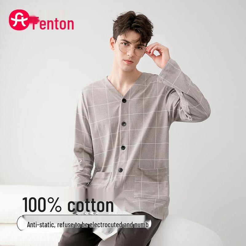 Fenteng Men's 100% Cotton V-Neck Long-Sleeve Loungewear Set