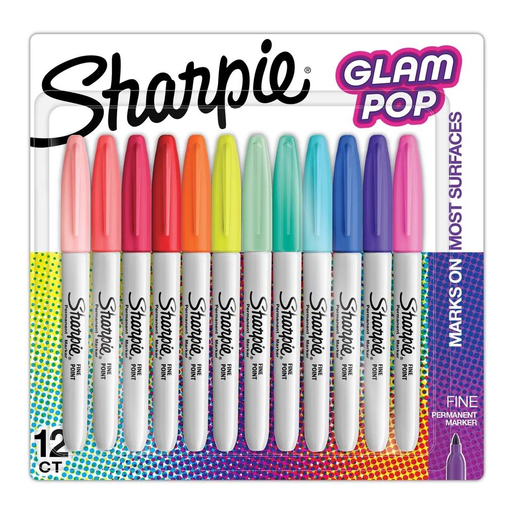 Glam Pop Permanent Markers Fine Point 12 Count Assorted Colors Quick Dry Waterproof Artist School Supply Ideal Crafts Drawing
