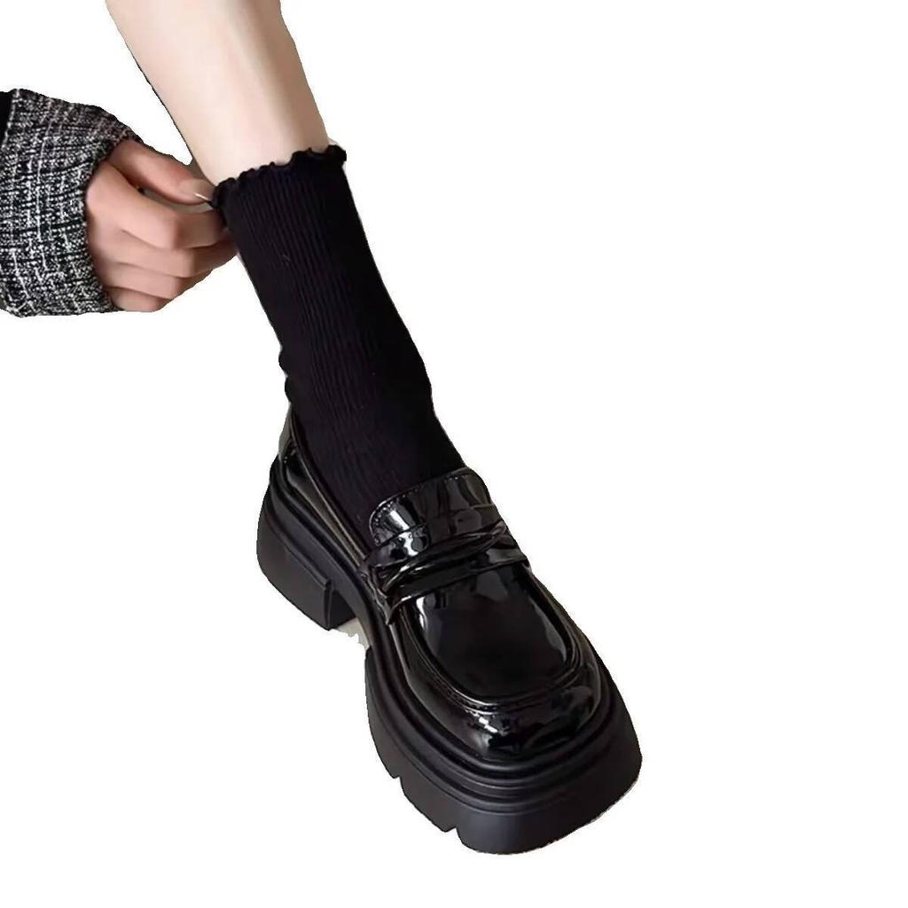 Women Shoes Autumn New! Women's British Style Black Loafers Thick Soled Chunky Heel Slip On Design Retro Leather Shoes