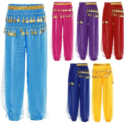 Çocuk Kız Oryantal Dans Performansı Pantolon Payetli Noktalar Şifon Pantolon Püsküller ile Bel Zinciri Kalça Eşarpı Bloomers