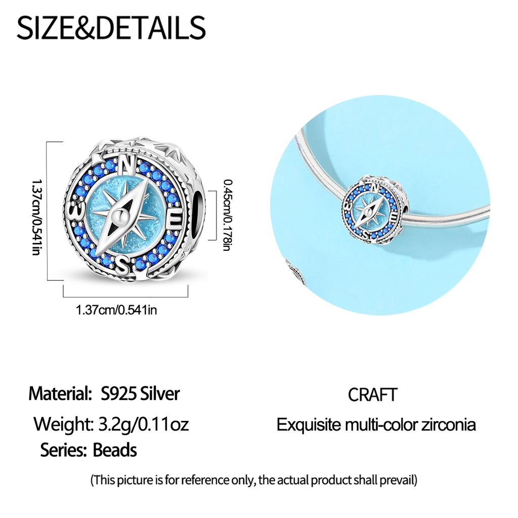 Blue Compass Charm Bead 925 Silver Fit 3mm Original Bracelets Necklace Women's Jewelry Accessories DIY