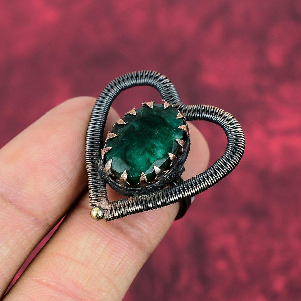 Faceted Zambian Emerald Ring Copper Wire Wrapped Adjustable Ring Handmade Jewelry Genuine Gemstone Ring Antique Copper Jewelry Gifts For Him