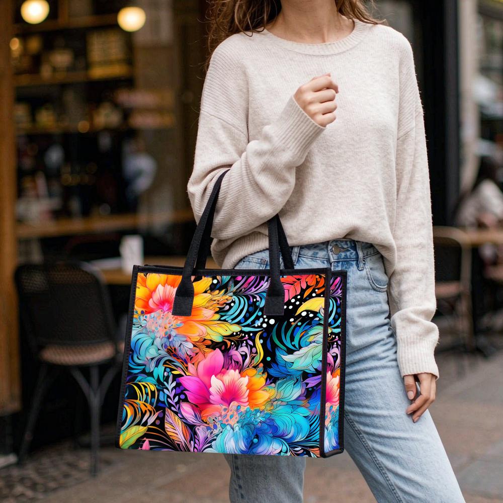 Colorful Floral Printed Tote Bag Large Capacity Casual Handbag for Daily Shopping