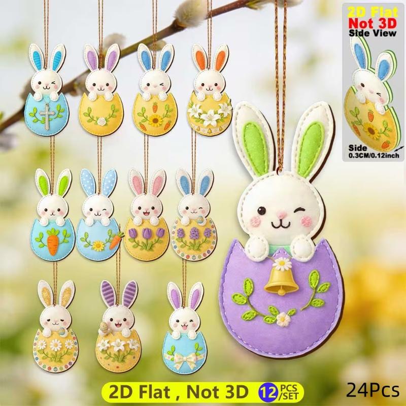 12/24 Stück Holz Osterhase Dekoration Hängeset 2D DIY Osterhase Feiertagsparty Hausdekoration Hängende Verzierung