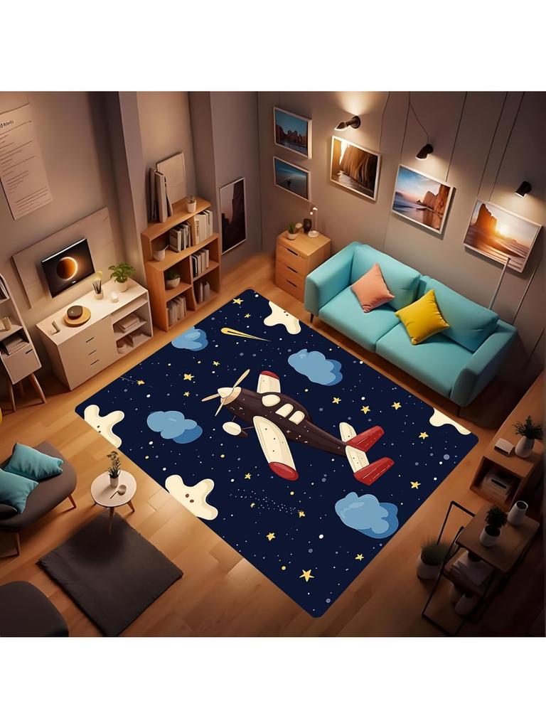 Soft Airplane Area Rug, Area Foldable Rectangular Rug, Cartoon Airplane Print Rug, Washable Rug with Rubber Non-Slip Rug