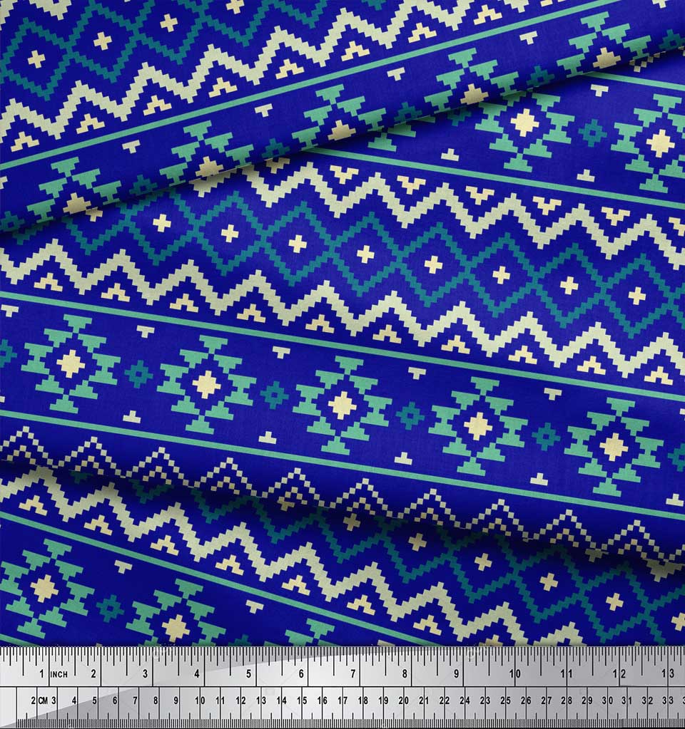 Soimoi Material Satin Crep Albastru Japonia Material Imprimat Geometric Ikat 1 metru 42 Inch