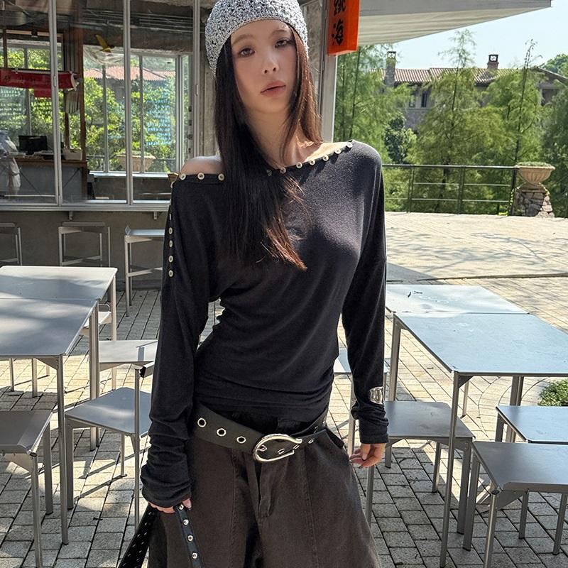 

Fashionable Street Casual Shell Button Off-shoulder Long-sleeve High-stretch T-shirt One Size чёрный