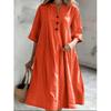 Women's Mid-Length V-Neck Cotton Linen Dress with Short Sleeves and Three-Button Pocket