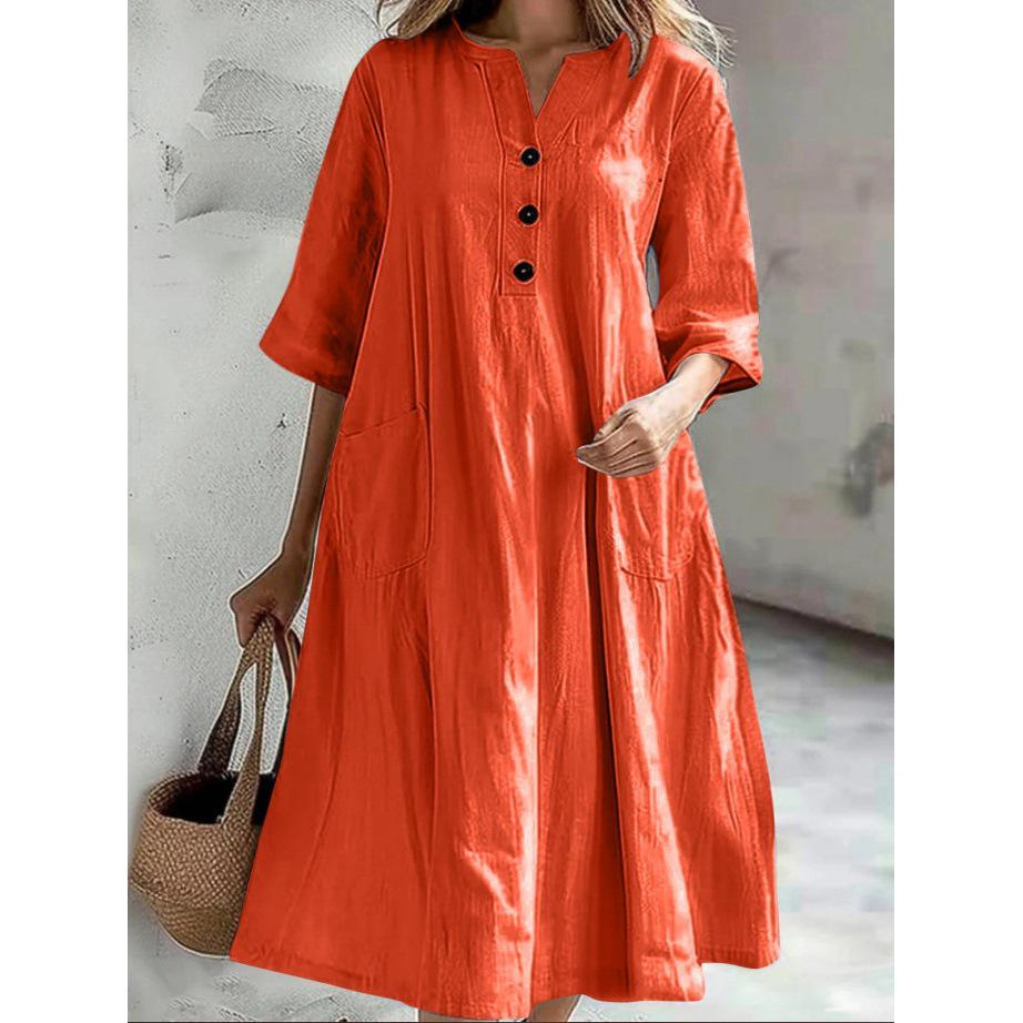 Women's Mid-Length V-Neck Cotton Linen Dress with Short Sleeves and Three-Button Pocket