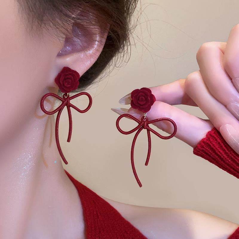 Red flower bow stud earrings niche design sense light luxury fashion high-end earrings autumn versatile