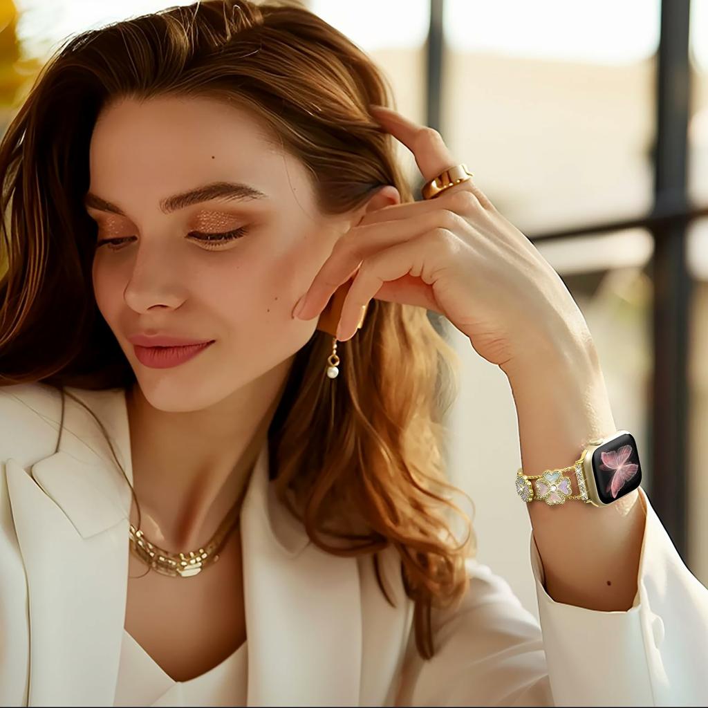 Metal Strap for Apple Watch Series 10 Ultra 9 8 7 SE 6 5 4 3 2 1 46mm 49mm 45mm 44mm 42mm Heart Clover Decor Watch Band