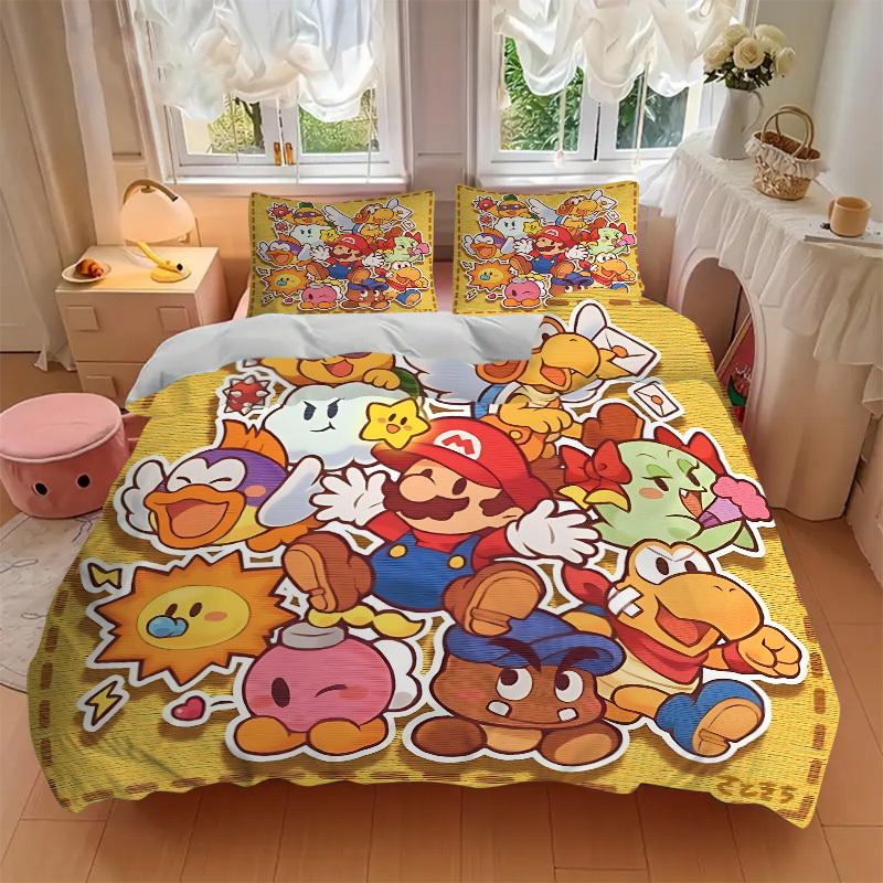 3pcs bedding set Mario Characters Includes 1 Comforter + 2 Pillowcases, Without Pillow Inserts, Soft Comfortable,a0910257
