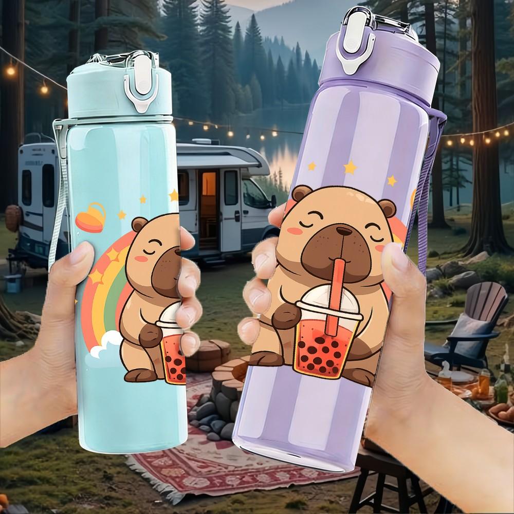 1PC Capybara Rainbow Drink 750ml Color Plastic Sports Water Bottle Leakproof Flip Straw Lid Suitable for Sports Office Home Use