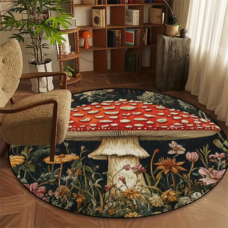 Luxurious Vibrant Mushroom Floral  Pattern Round Shape Floor Mats Kitchen Hallway Runner Rug Bedroom Living Room Soft Carpet Non-slip Area Rug