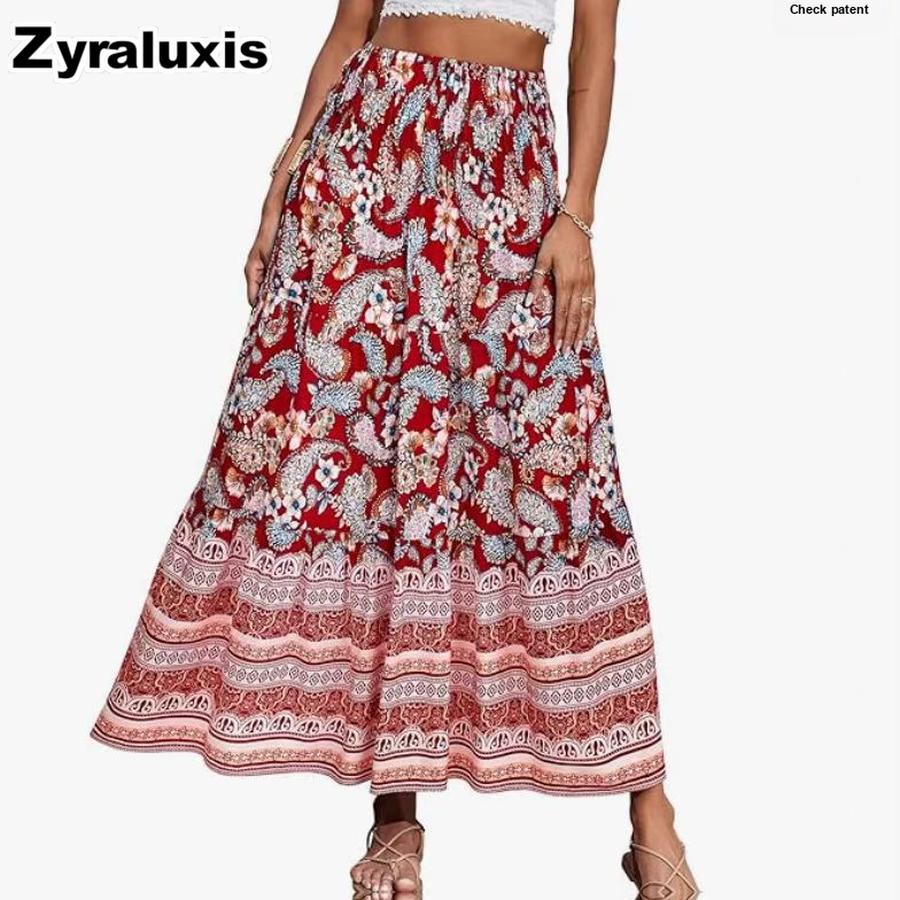 Neuer Bedruckter Maxi A-Linien Midi Rock Böhmischer Lässiger Hoher Bund Langes Kleid Strandrock für Damen