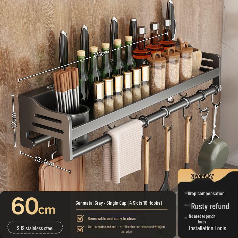 Stainless Steel Wall-Mounted Kitchen Rack with Chopstick, Knife, and Spice Storage