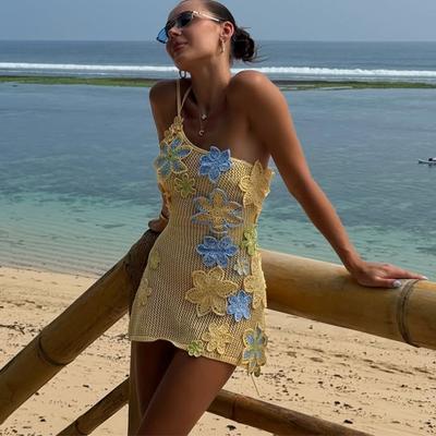 Sexy Strickkleid Damen Ausgeschnitten 3D Blume Schräge Schulter Rückenfrei Bandage Kurz Strandkleider 2025 Sommer Damen Urlaubskleid