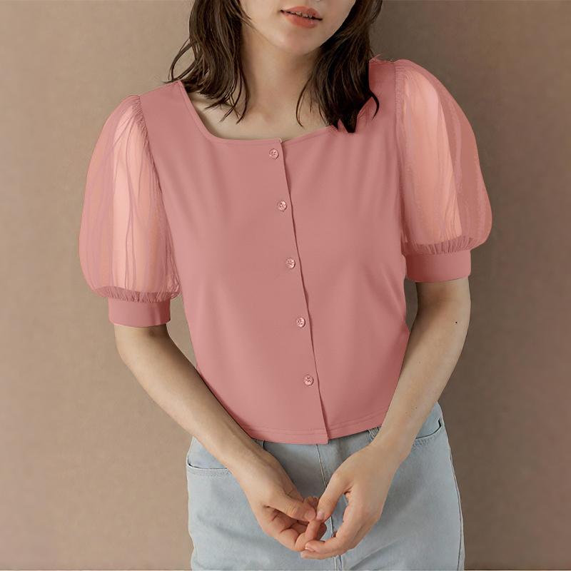 ZANZEA Women Casual Square Neck Mesh Patchwork Half Sleeve Blouse