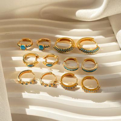 Turquoise Earrings Brass Plated 18K Real Gold Color Retention Retro Circle Metal Texture Ear Buckle Premium Sense