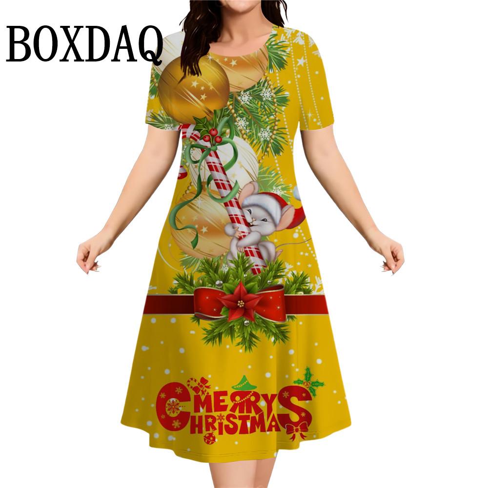 Christmas Tree Print Women Dresses 2026 New Fashion Cute Santa Claus Casual Short Sleeve O-Neck Loose A-Line Party Dress Vestido