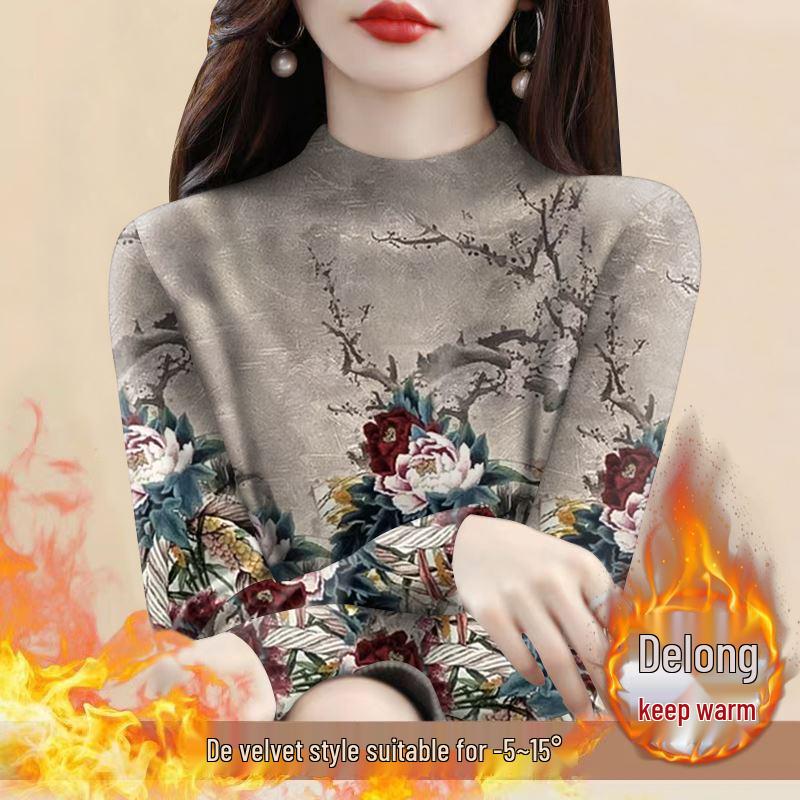 Women's Plus Size Fleece Lined Semi-High Neck Long Sleeve T-Shirt