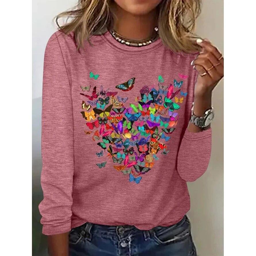 Women's 3d T-Shirt O-Neck Long Sleeve Butterfly Fashion Animal Print Large Casual Vintage Street Wear Oversized Female Clothing