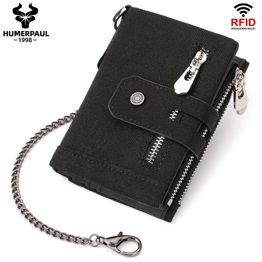 

HUMERPAUL Men cowhide wallet Oxford cloth RFID anti-theft credit card bag coin purse with chain wallet with photo window чёрный
