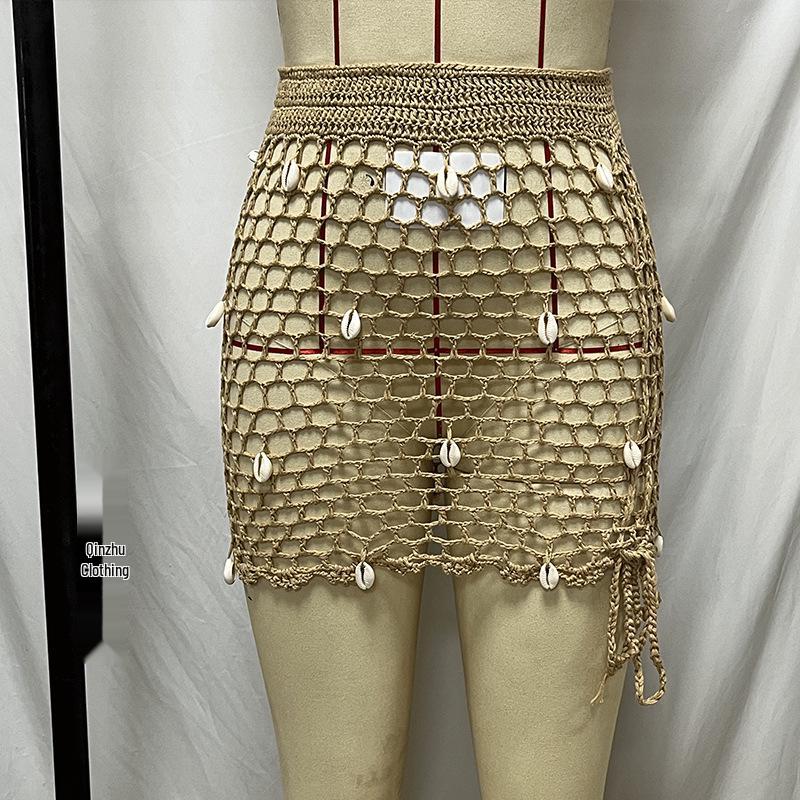 European-American Crochet Beach Cover-up Skirt: Hollowed Design, Bikini-ready, Hand-crocheted Seashell Style.