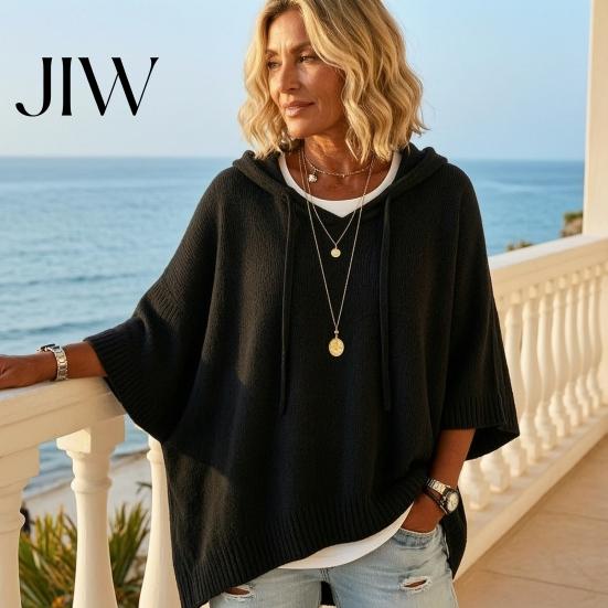 Fall Pullover Sweater Autumn Women Knit Sweater, Loose Fit Drawstring Hooded Solid Color 3/4 Sleeve Drop Shoulder Casual Long Tops