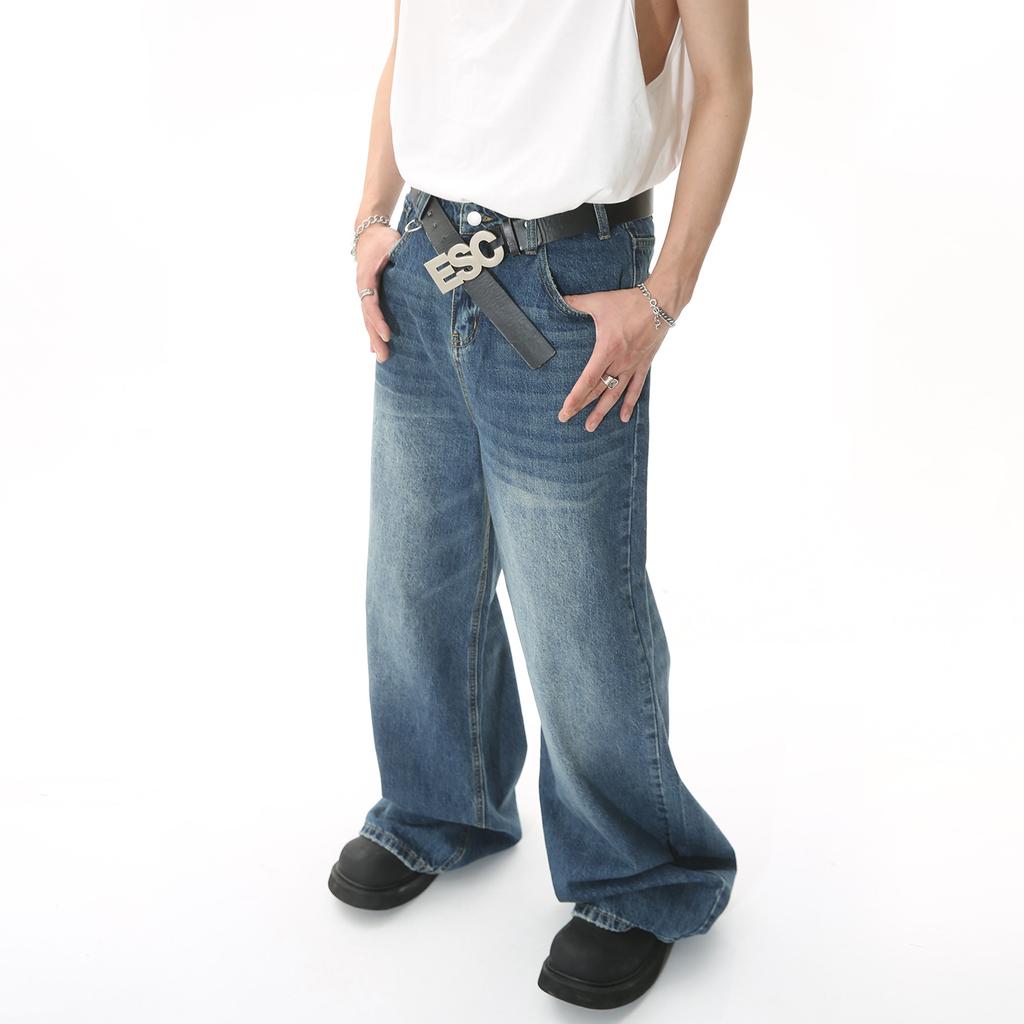 Men's Four Seasons New Product Retro Hong Kong Style High Waist Wide Leg Floor Dragging Denim Pants