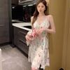 Women's summer print new sexy ice silk nightdress suspender skirt split fork pure desire pajamas with chest pads loungewear
