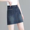 Women's Dark Blue Denim Mini Skirt High-Waisted Casual A-Line Jean Skirt with Pockets
