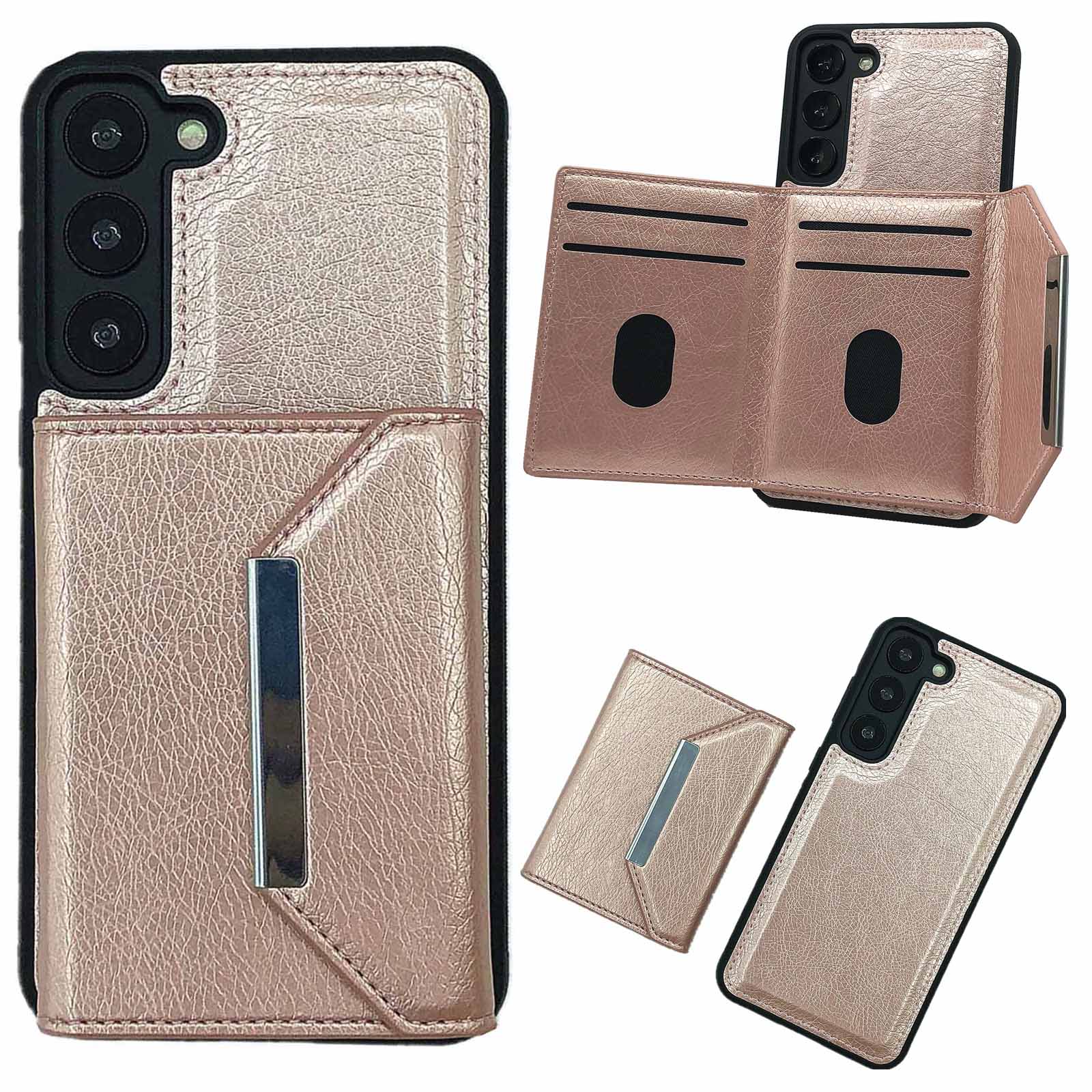 

For Samsung Galaxy S22 5G Case with Detachable Card Bag Leather+TPU Phone Cover Kickstand Rose Gold
