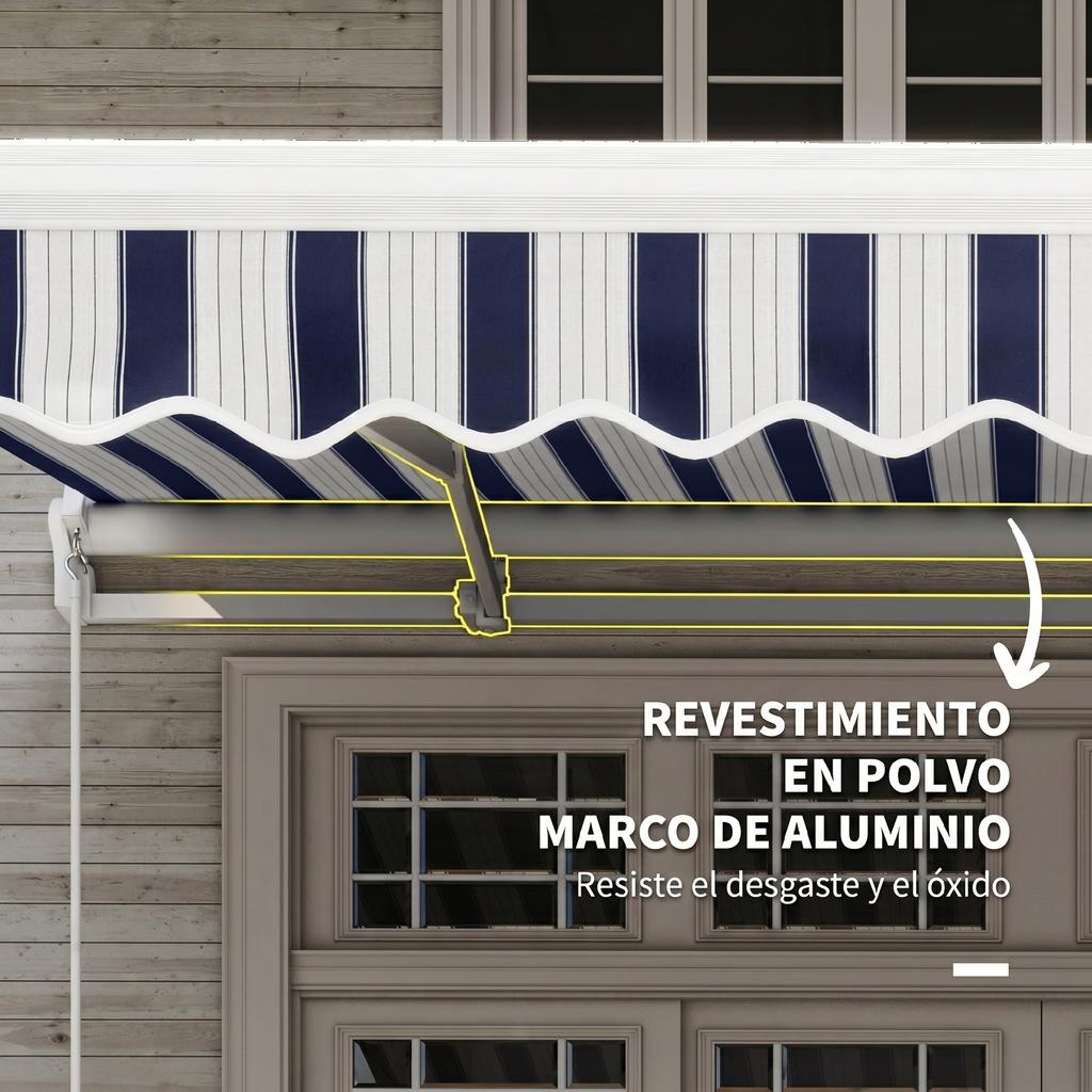 Manual Retractable Awning, 395 x 245 cm, Adjustable Angle, Anti-UV, Waterproof, Blue and White