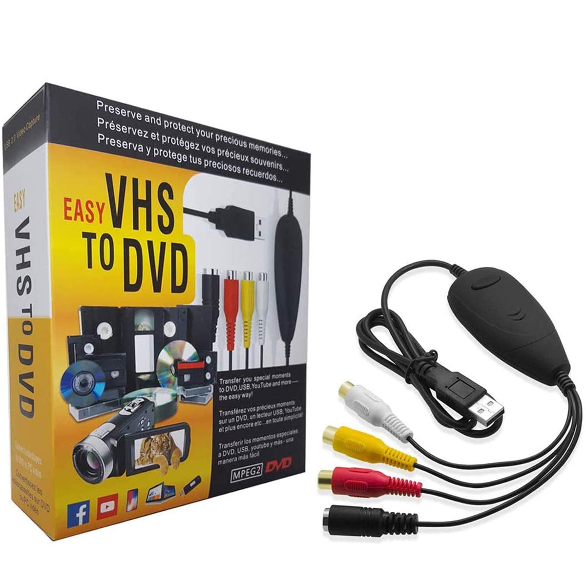 

USB 2.0 Відеозахоплювач для оцифрування VHS та 8мм відеокасет на ПК або DVD, Сумісний з Windows 2000, XP, Vista, 7, 8, 8.1 та 10