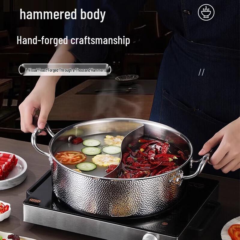 FATTBAO 304 Stainless Steel Hammered Hot Pot with Glass Lid