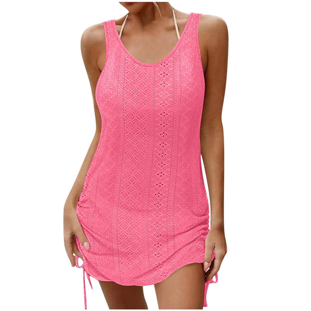 Women Crochet Knit Dress Sleeveless Round Neck Backless Casual Dress with Adjustable Drawstring Sides for Summer Beachwear