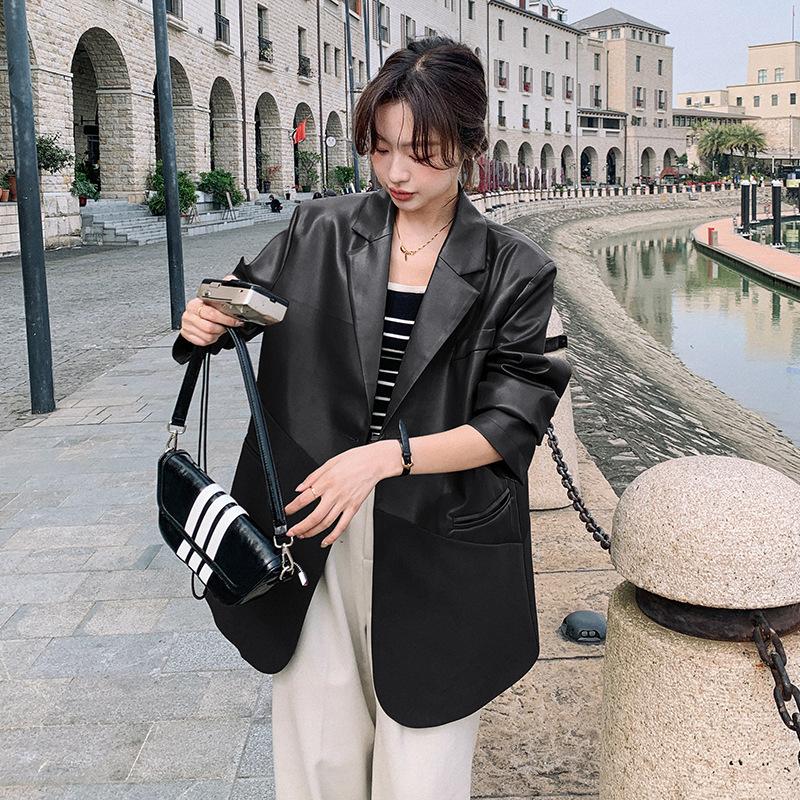 Frühling und Herbst Damen neue Design Kontrast Farbe Anzug Lederjacke für Frauen
