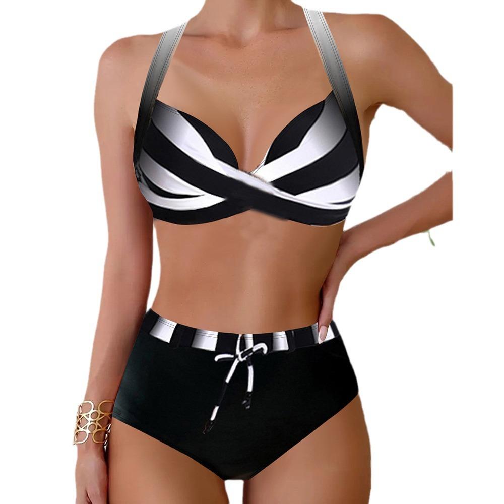 Dvoudílné plavky Móda Dámské Bikiny s vysokým pasem Push Up Vintage plavky Halter Top Břicho Ruched Spodní