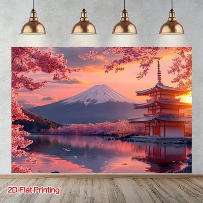 2D Mount Fuji Cherry Blossom Sunset Backdrop Japanese Temple Decor