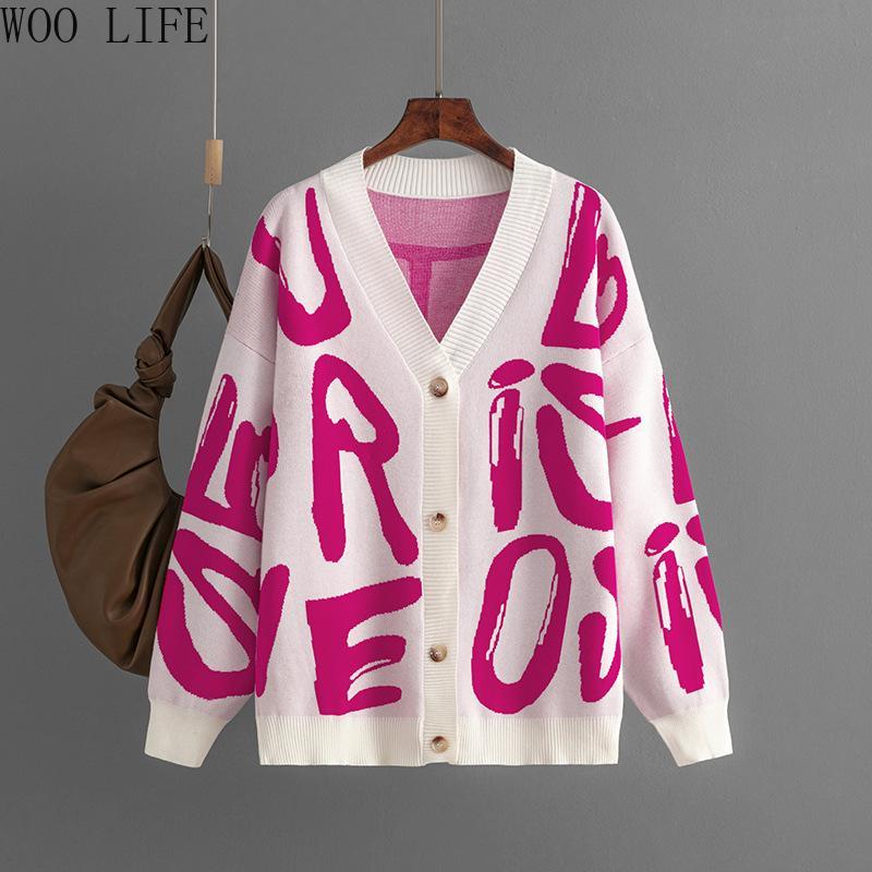 Women Letter Print Cardigan Knit Button Down Long Sleeve Open Front Sweater New Fall Winter Fashion