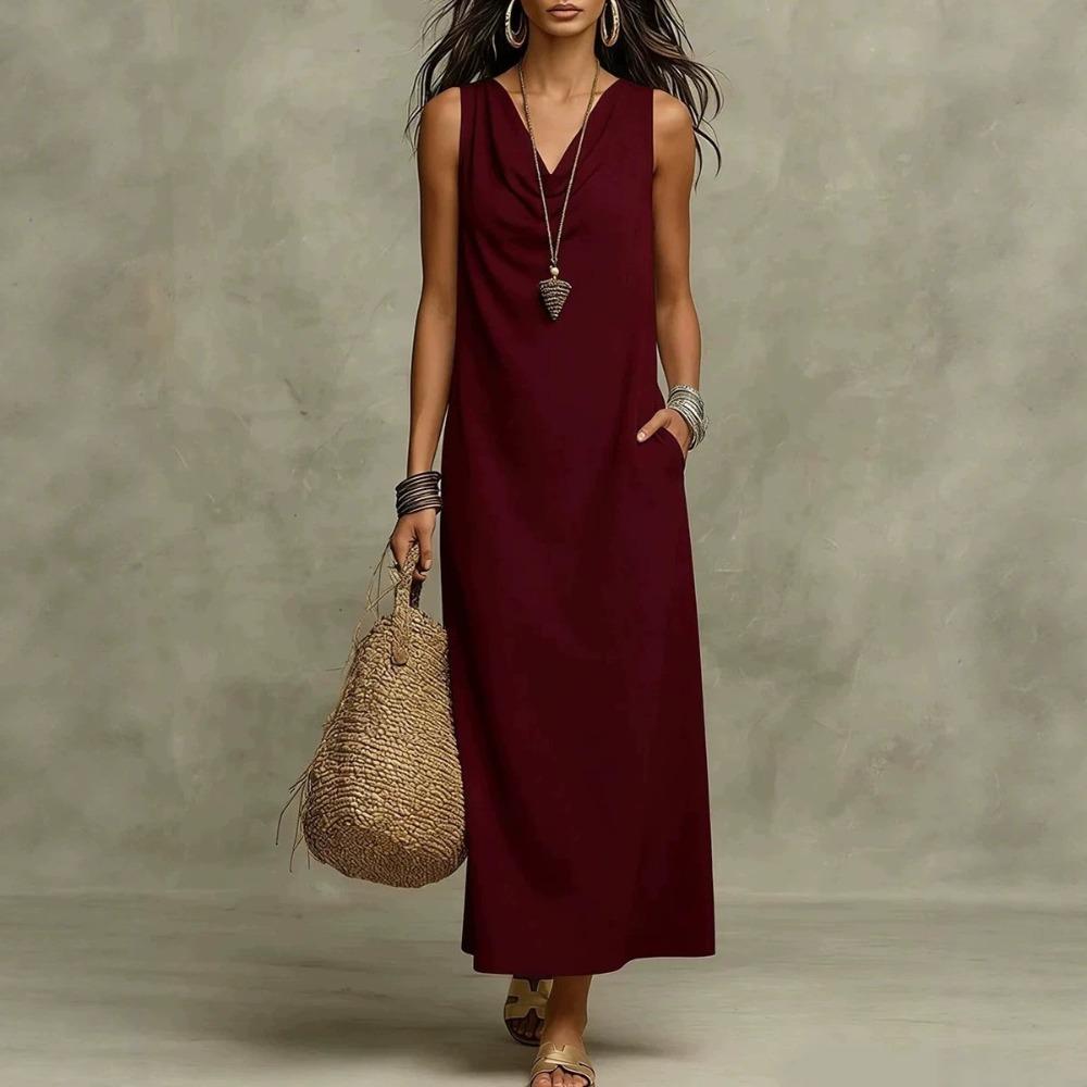 Women's Cowl Neck Sleeveless Loose Maxi Dress Casual Linen Cotton Summer Long Dress