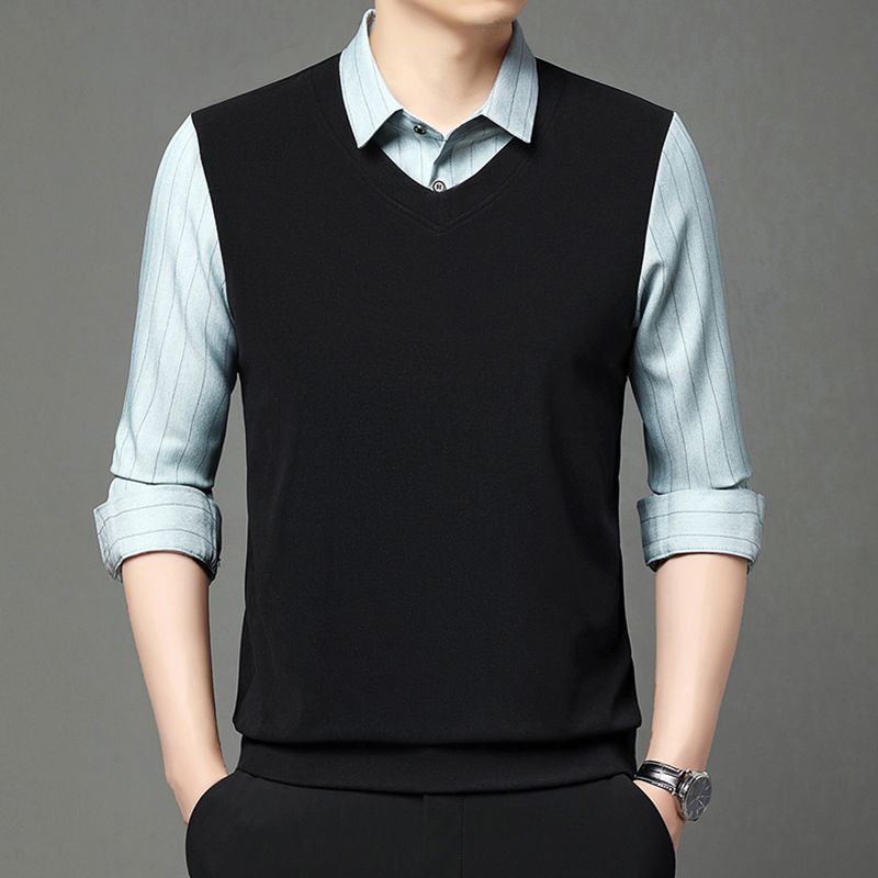 Fake Two Pieces Men Polo Shirts Turn-down Collar Striped Patchwork Business Casual Thermal Long Sleeve Comfortable Knitted Tops