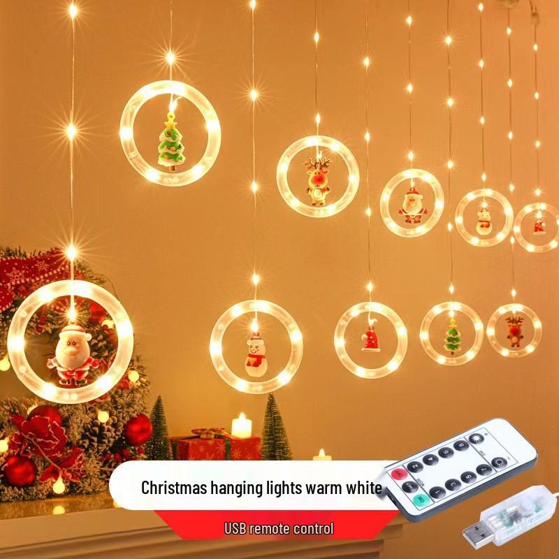USB Remote-Controlled Copper Wire Curtain Lights with Christmas Stars & Snowflakes, Leather Line, for Holiday Decor